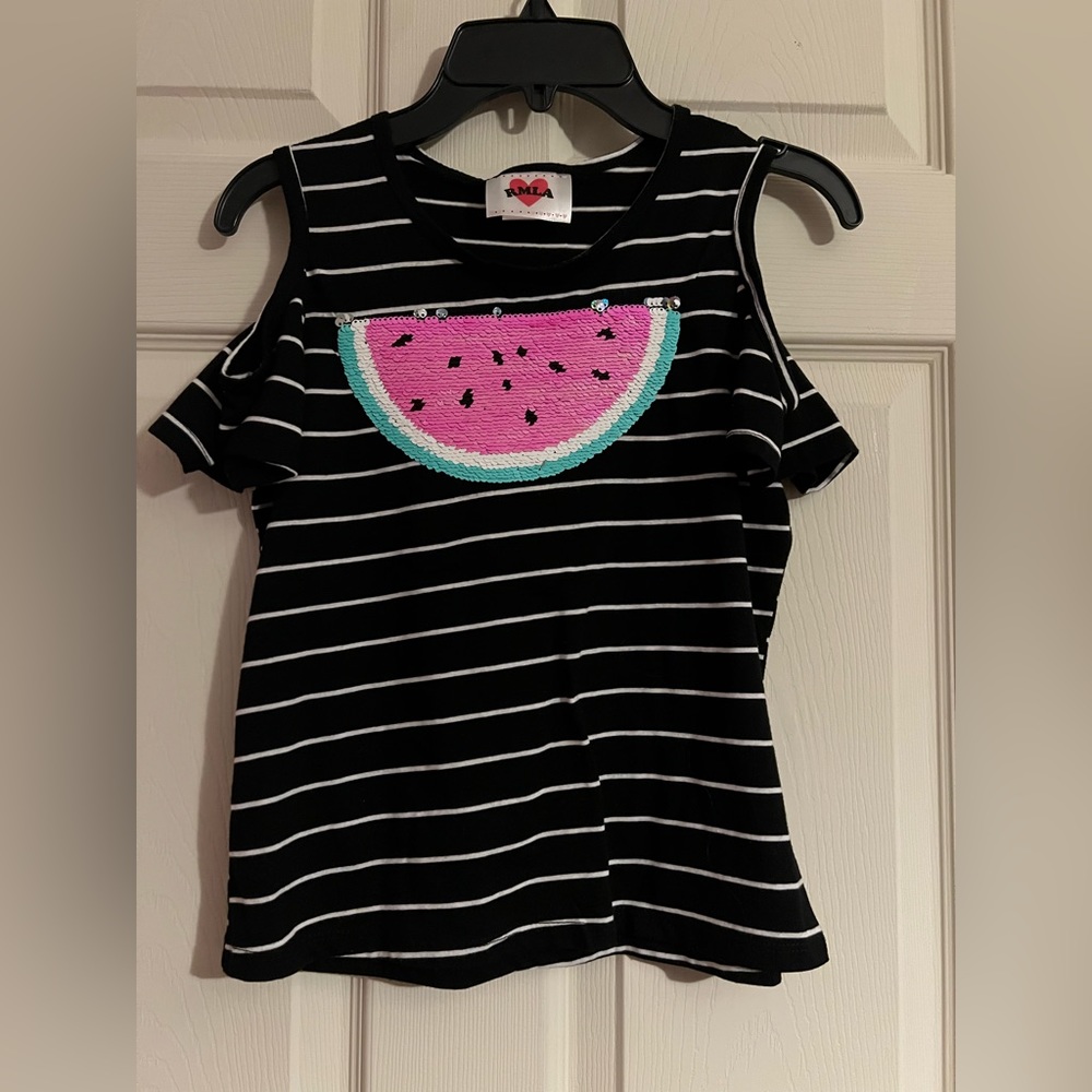 $4/20 RMLA girls shirt, size 14, black white watermelon, flip sequins
